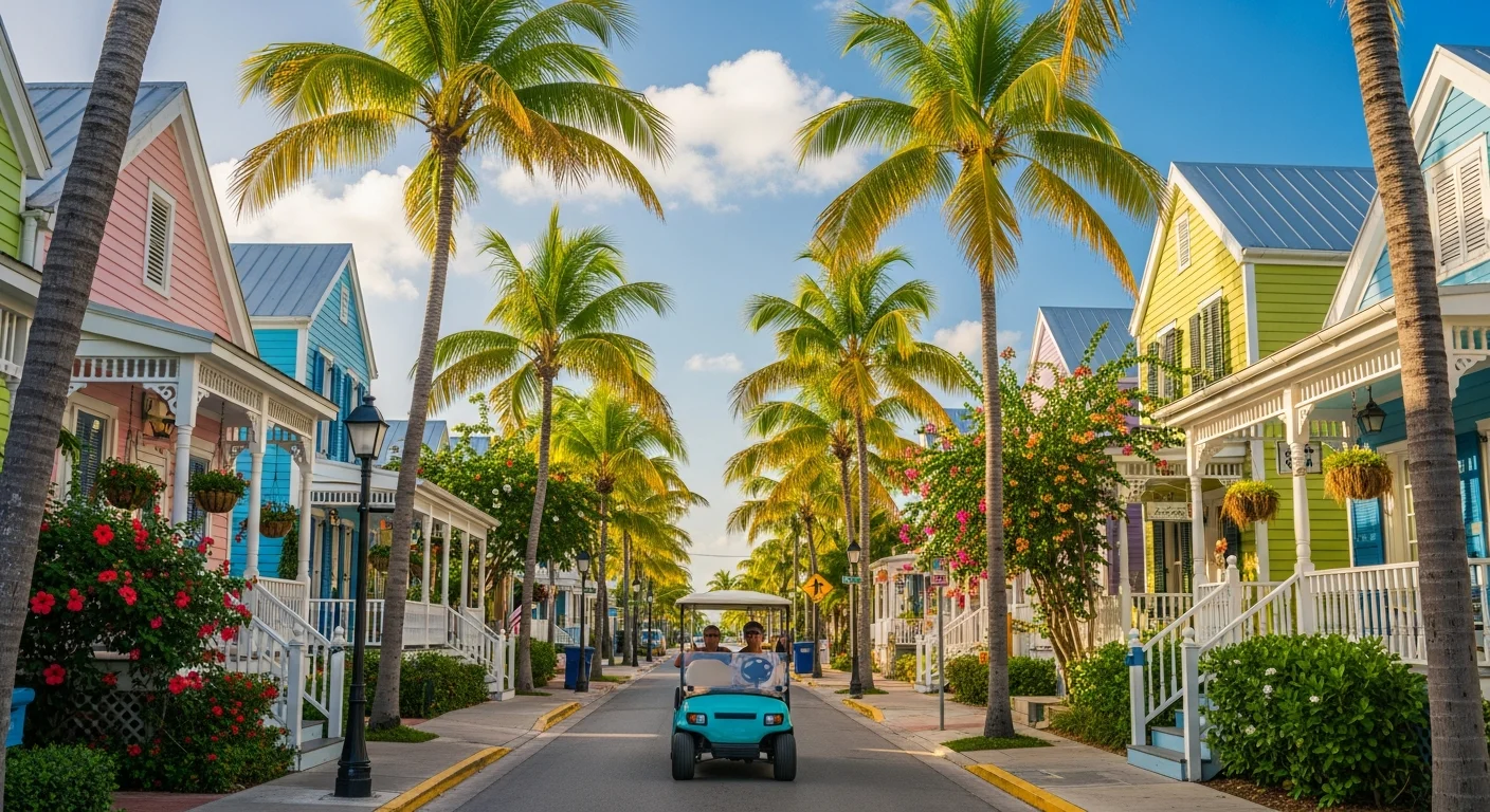 Scenic Key West Street With Golf Cart